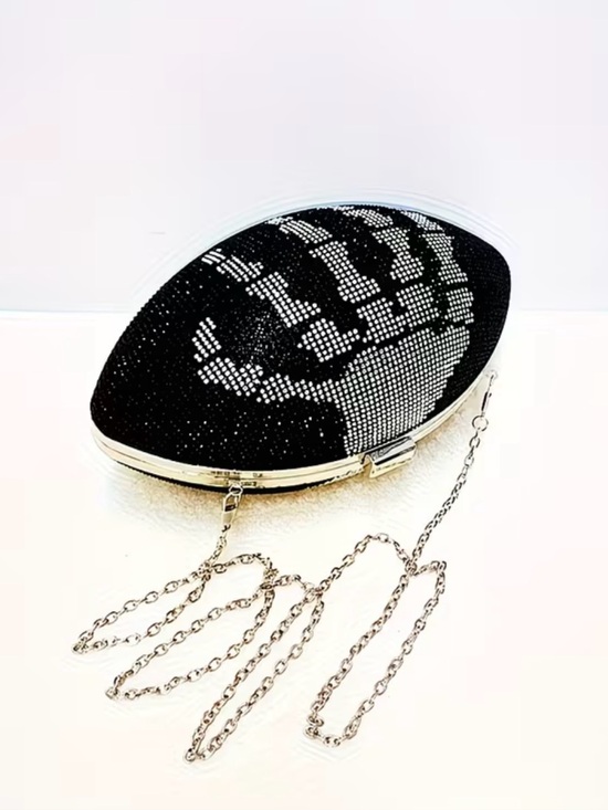Handbags - Black Rhinestone Skeleton Hand Clutch Bag with Silver Chain